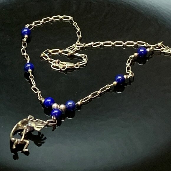 Kokopelli Flute Player Lapis Lazuli Sterling Silver Vintage Y Necklace by MASHA - Picture 6 of 11